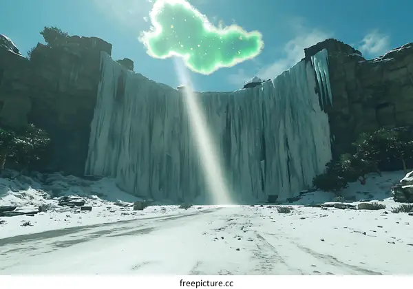 Fantasy Landscape With A Green Cloud And A Waterfall