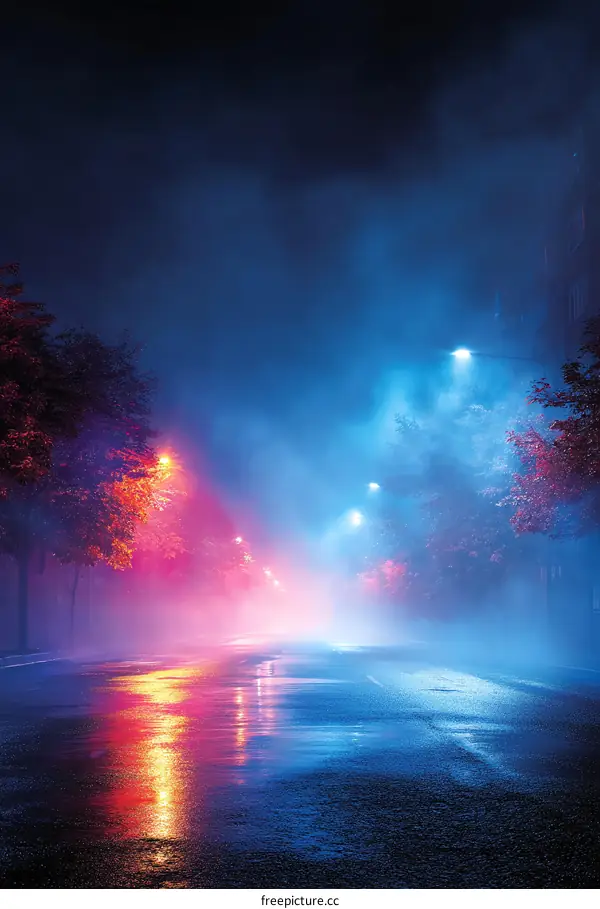 Night Road with Neon Lights and Fog
