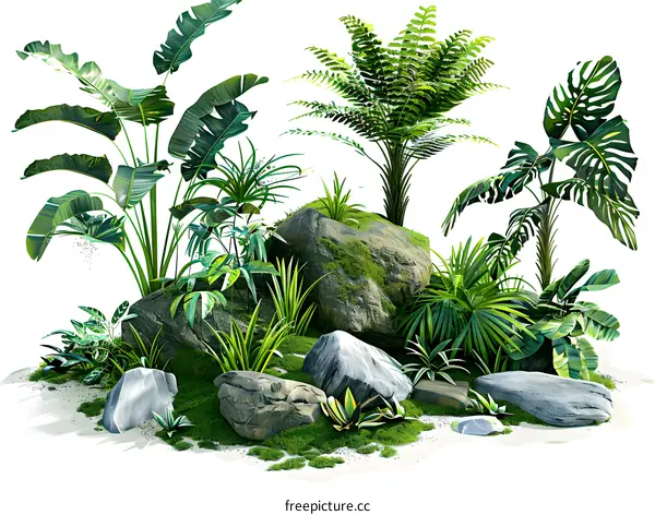 lush green tropical plants and rocks