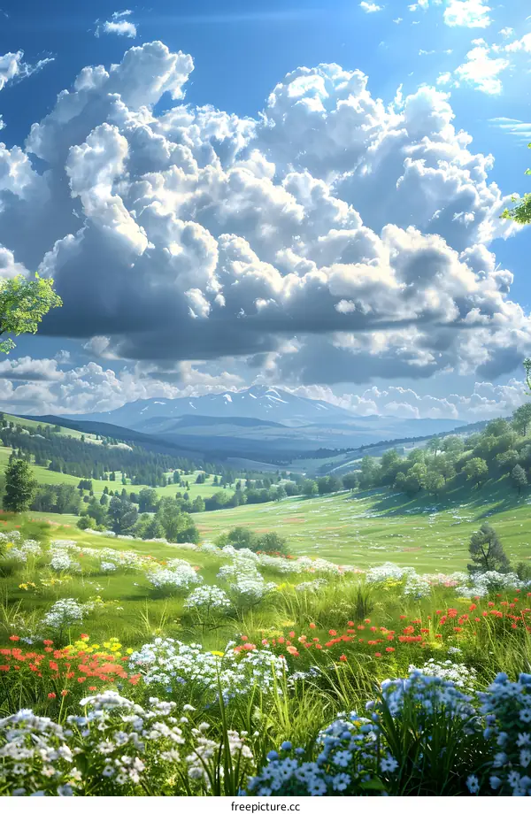 fantasy green rolling hills landscape with flowers