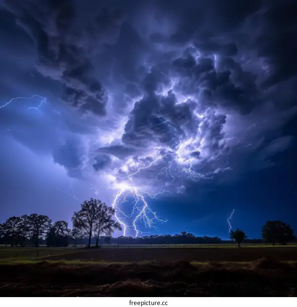 Huge storm clouds gather over rural farmland with bolts of lightning striking the ground