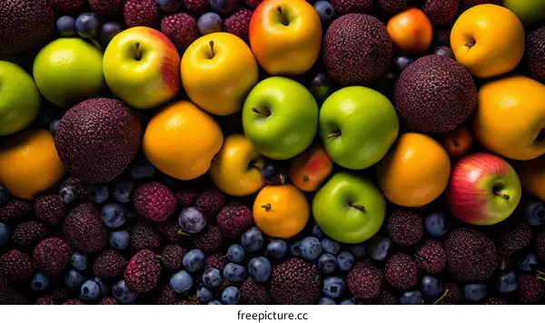 A variety of fruits including apples, oranges, and blackberries