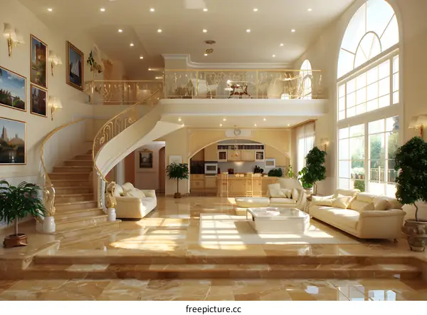 Luxury Living Room with Grand Staircase