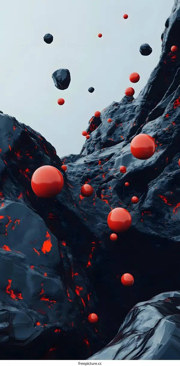 Abstract 3D Illustration of Red Spheres Floating Over Black Rocks