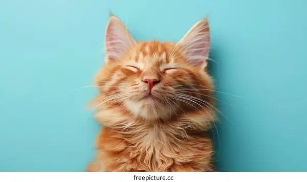 A ginger cat is sleeping soundly on a blue background
