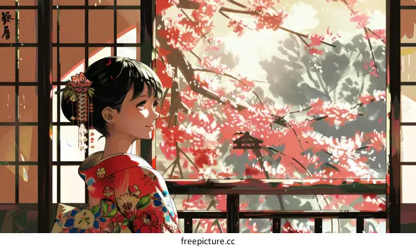 A woman wearing a kimono is standing in a room looking at the cherry blossoms outside the window.