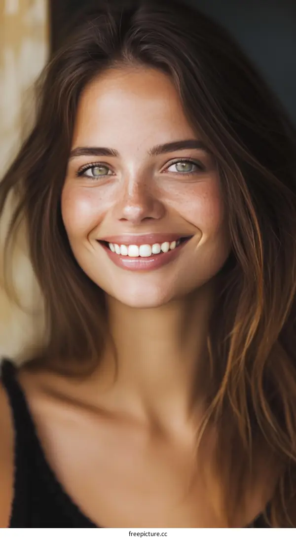 portrait of a smiling young woman with green eyes and freckles