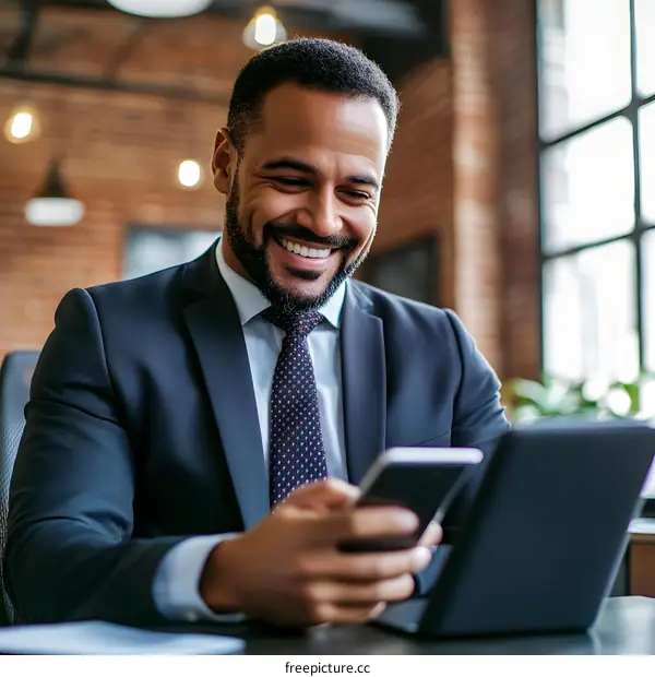 Smiling Businessman Using Smartphone in Office