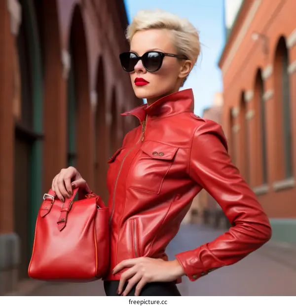 Blonde woman in red leather jacket and sunglasses holding red leather handbag