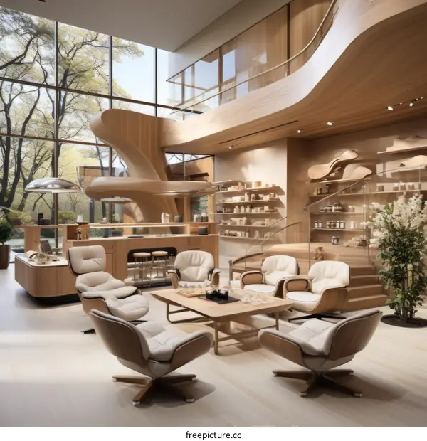 Modern living room with large windows and curved wooden staircase