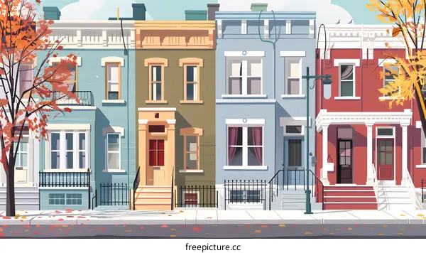 Illustrated Row Of Houses In Autumn