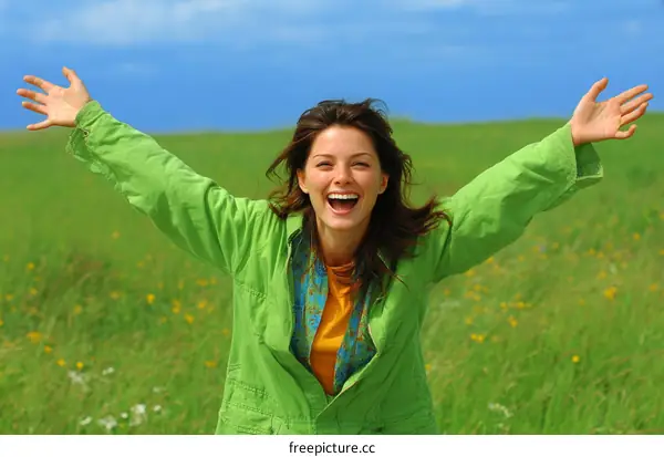Happy Woman in Green Jacket Outdoors