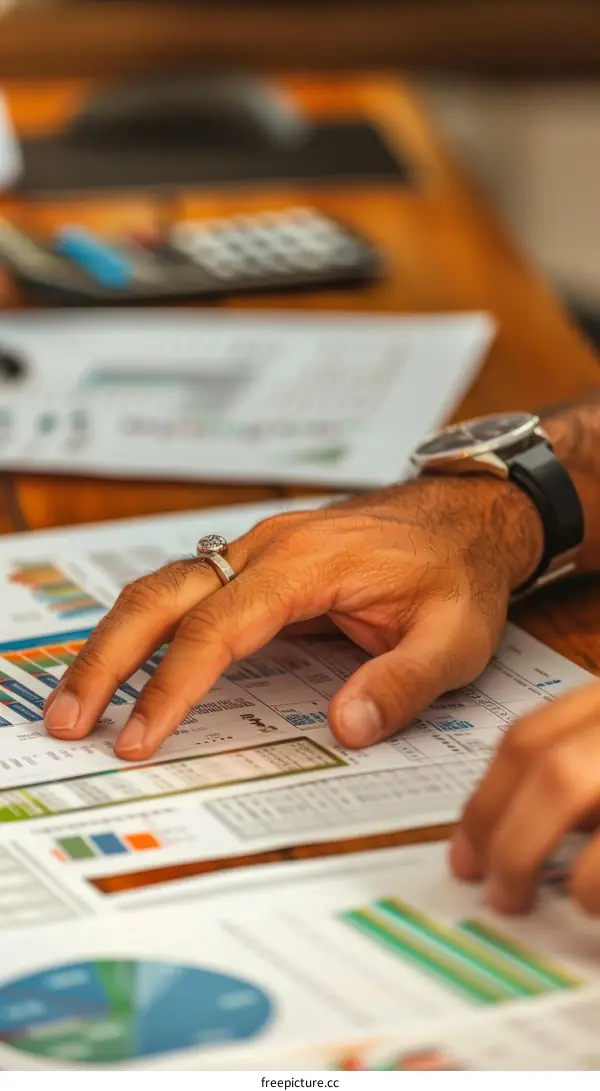 A businessman wearing a ring is reviewing financial reports