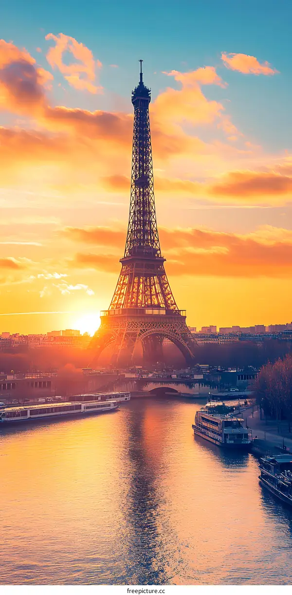 Eiffel Tower Silhouette at Sunset Over the Seine River