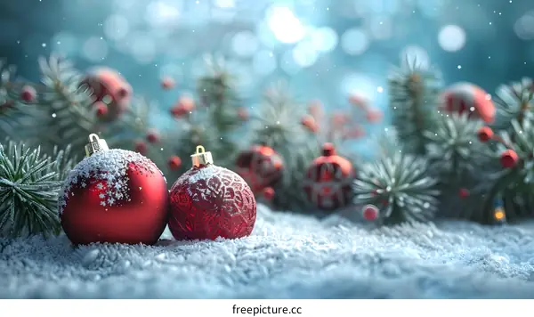 Red Christmas balls with fir branches