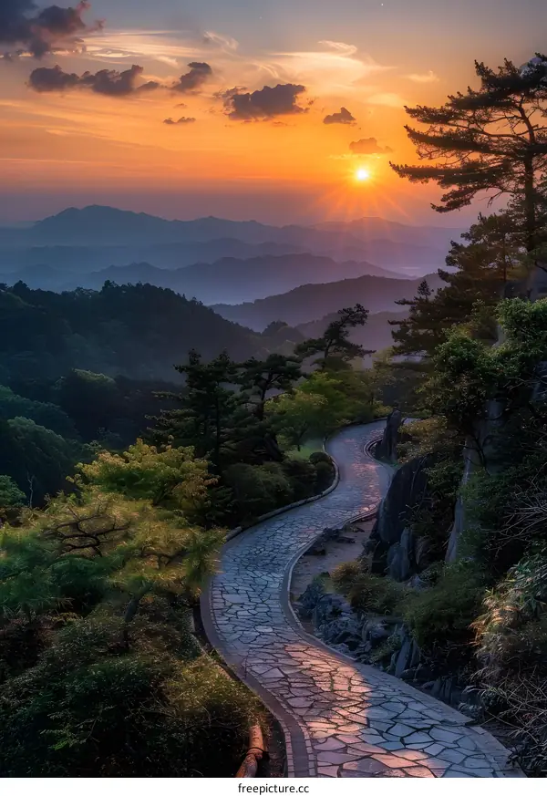 A stone path winds through a lush green forest with a beautiful sunset in the background