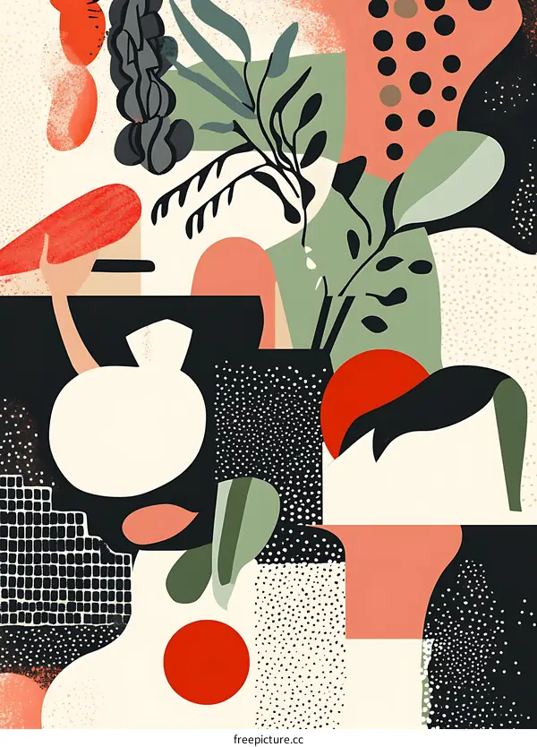 Abstract Collage with Red and Green Shapes