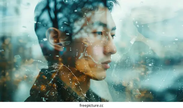 A young Asian man looking out a window with a pensive expression on his face