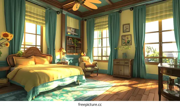 Bedroom Interior Design With Yellow Bed And Green Curtains