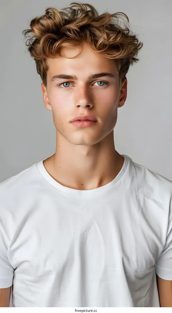 Portrait of a young man with blue eyes and blond hair