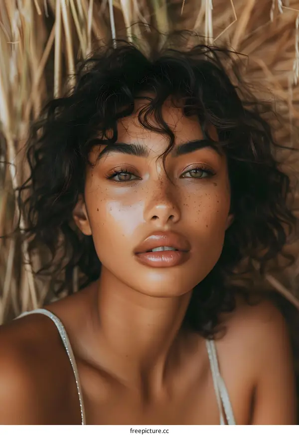 Woman With Curly Hair And Freckles Posing