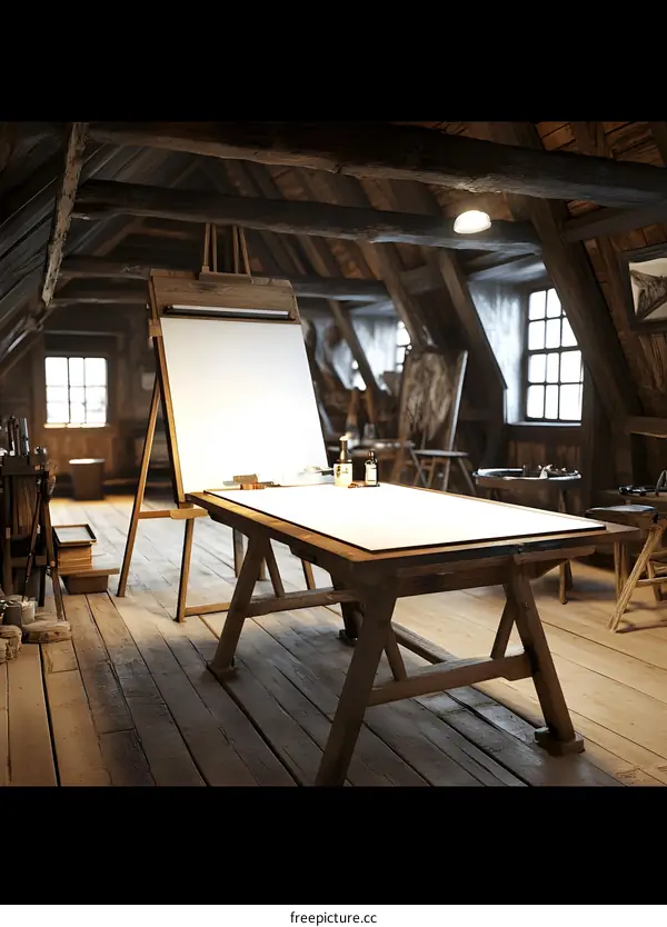 Wooden Table and Easel in Attic Studio