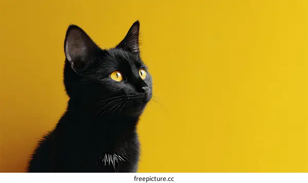 Black Cat Portrait Against a Yellow Background