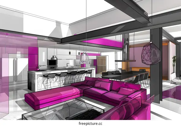 Modern Home Interior Design Sketch with Pink Furniture