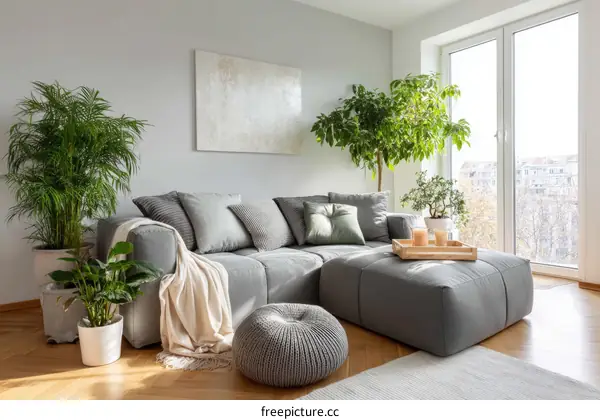 Modern Gray Sofa Living Room with Plants