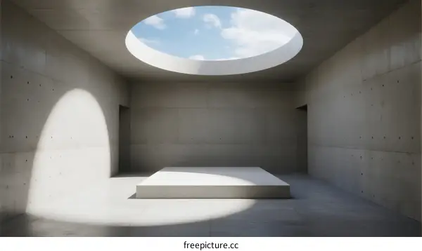 A Minimalist Concrete Room with Circular Skylight and White Platform