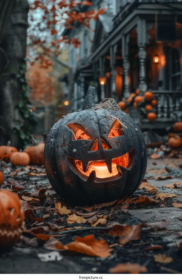 Spooky Halloween pumpkin with a creepy face carved into it