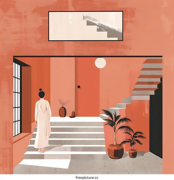 Minimalist Interior Design with a Woman Standing on Stairs