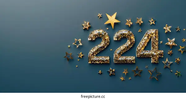 3D rendering golden glitter number 224 with stars on dark blue background