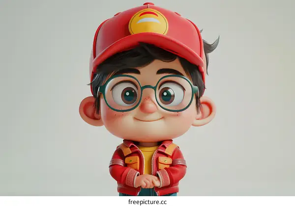 Cute Cartoon Boy in a Red Cap and Glasses
