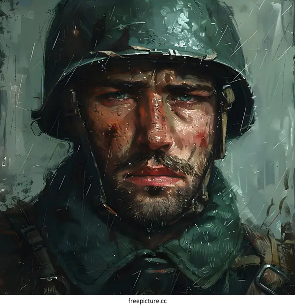 Portrait of a soldier wearing a green helmet