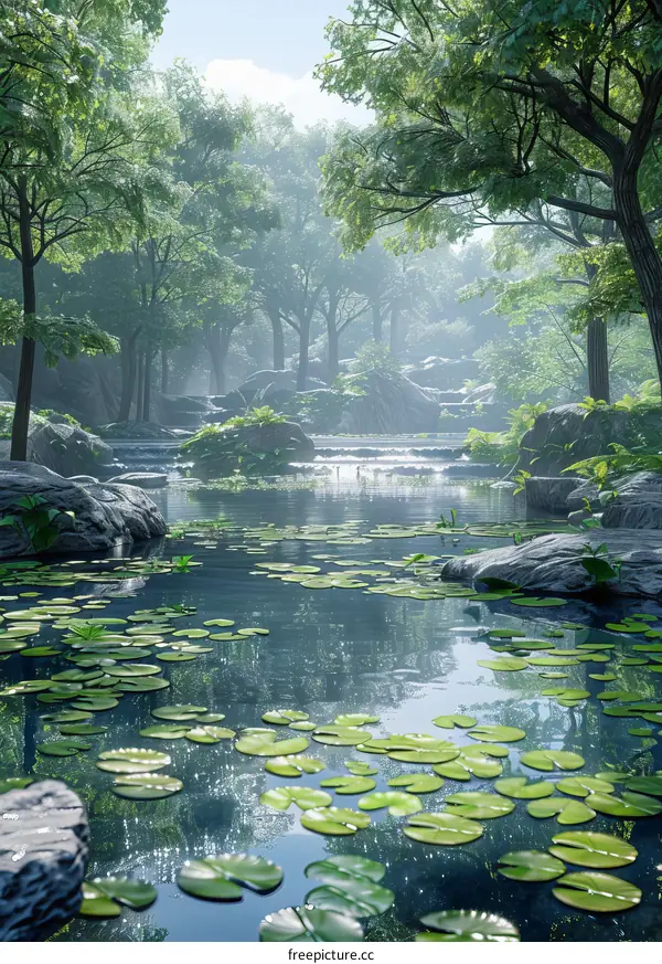 Sunlight shining through forest foliage; river runs through boulders; lotus leaves float on still water