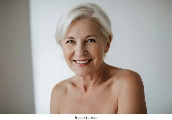 Portrait of a cheerful senior woman with short white hair