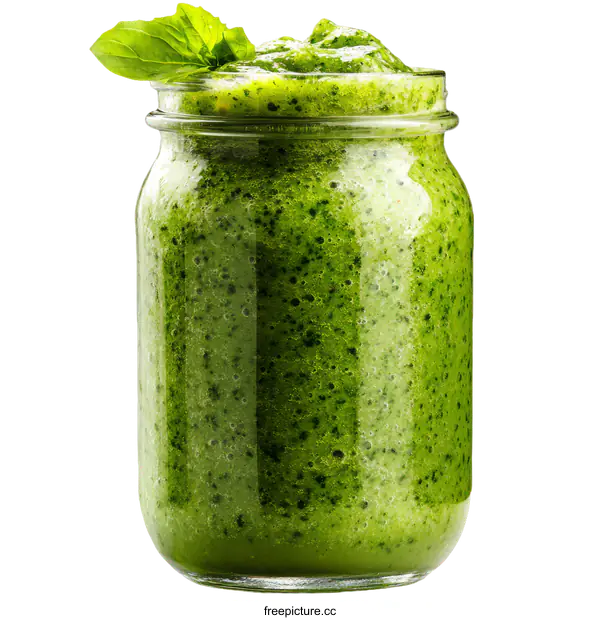 [Transparent Background PNG]Fresh Green Smoothie in a Glass Jar