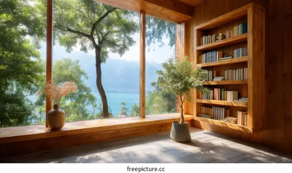 Wooden Bookcase with Lake View Interior
