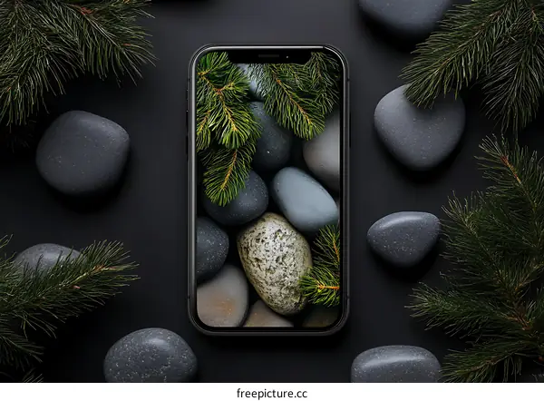 Black Background Smartphone with Stone and Pine Needles Wallpaper
