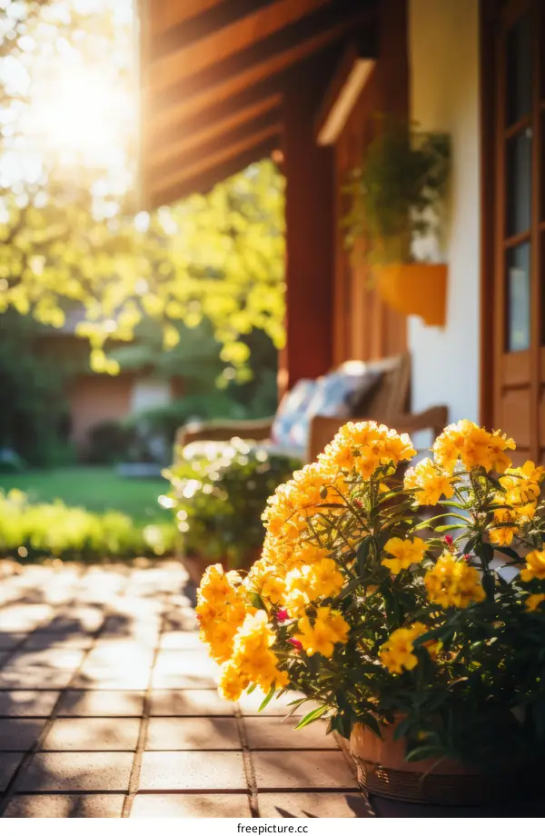 Small potted yellow flower by the door