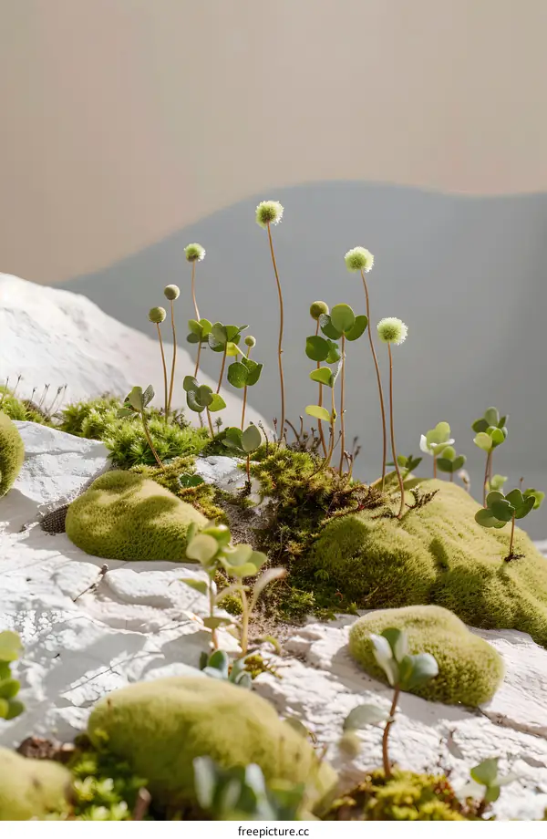 Green Moss and Flowers on White Rock