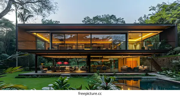 Modern House with Pool and Lush Greenery