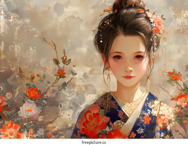 An illustration of a beautiful Asian woman in a kimono with flowers in her hair