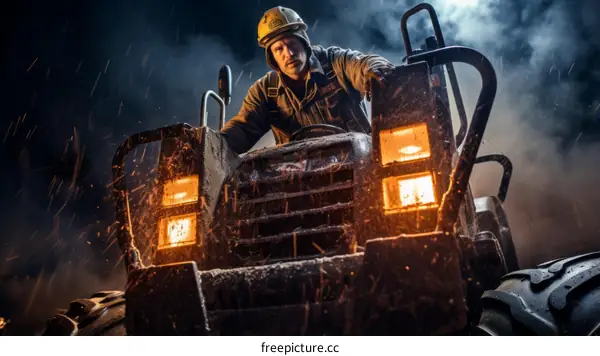 Farmer Driving Tractor at Night