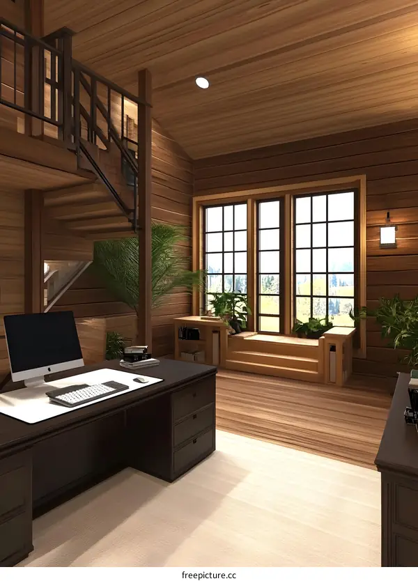 Modern Home Office Design With Wooden Walls And A Window View