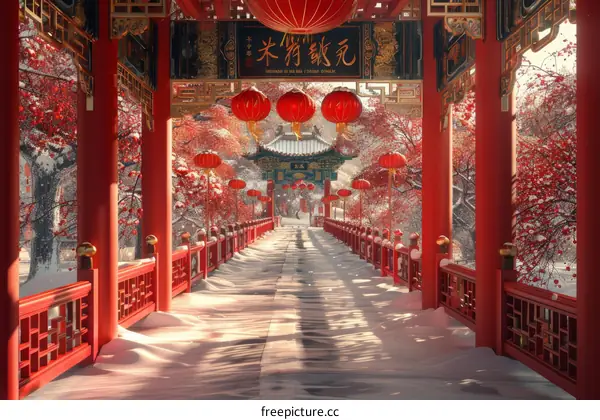Winter Chinese Garden with Red Lanterns