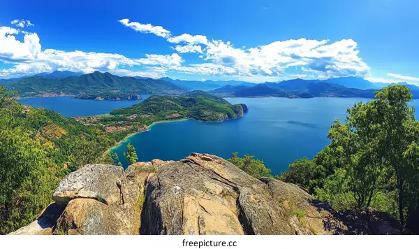 Panoramic View of Lake Mountains and Forest