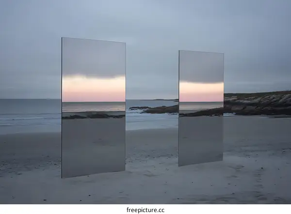 Two Mirrors Reflecting the Sunset on the Beach