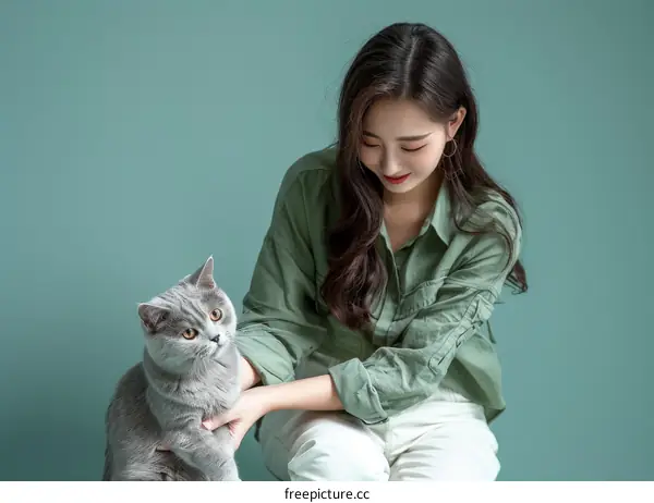 A young woman is sitting on the floor with a gray cat
